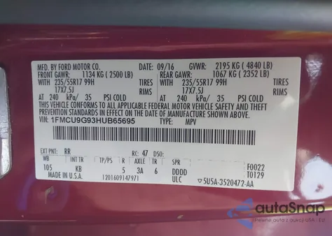 2017 Ford Escape Se z USA, uszkodzony, nr VIN 1FMCU9G93HUB65695